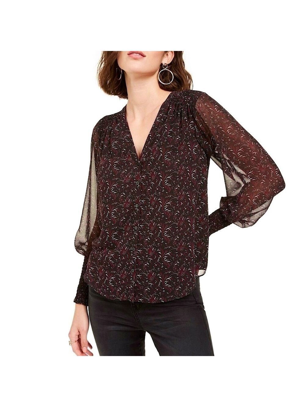 1.State Smocked Cuff Button Up Blouse